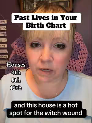A woman with light skin and blonde hair is the central focus, looking directly at the camera. Above her head is a white rectangular text box that overlaps the background and says, "Past Lives in Your Birth Chart." Below her is a black rectangular text area with white text. To either side of her head is a purple and white textile. The background is a dark purple shade.