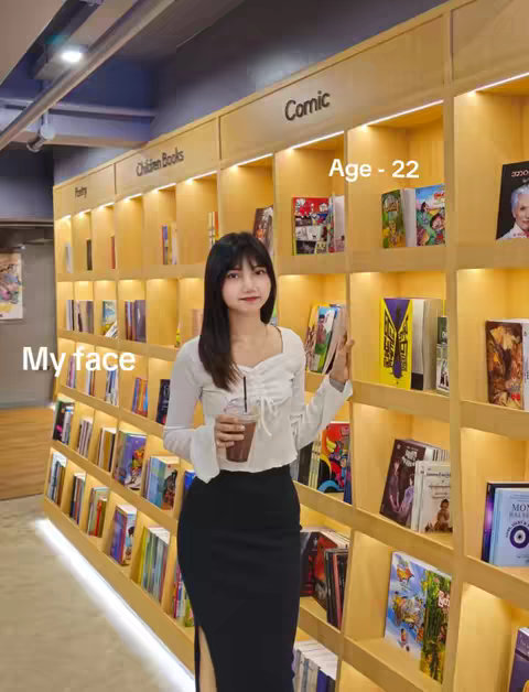 A young woman with long black hair, wearing a white top and black skirt, stands in a library. The background shows wooden bookshelves filled with books, with text overlays indicating age and the words "Comic" and "Children Books". She is holding a drink with a straw.