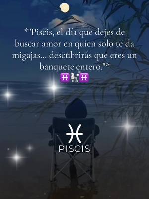 A serene night scene with a person sitting in a chair overlooking a beach. The sky has a full moon and stars, and there's text overlaying the image. The person is silhouetted, and the chair has the Pisces symbol on it.