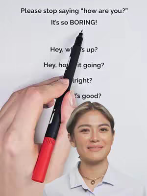 A person is holding a paper with text about conversational greetings, and in the bottom-right corner there is a picture of the person smiling.
