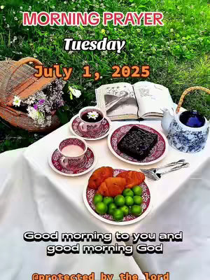 An aesthetically pleasing image featuring a breakfast setting outdoors. A white tablecloth covers a table with a stone tile countertop, on which an assortment of breakfast items rest. A woven basket with flowers sits on the upper left, while an open book and a blue and white teapot are towards the right. Two teacups with tea sit on saucers, along with a plate with a slice of cake, a plate with croissants and green balls (likely grapes), and a set of silverware. Green grass forms the background.