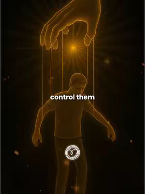 The image features a silhouetted individual with a glowing figure overlaid, suspended by strings from a large hand above. The background is dark, with glowing particles. The text overlay reads 'control them'.