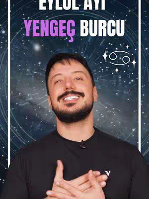 The cover image features a man smiling and looking at the camera. The background is a dark blue with a starry galaxy effect, with the signs of Cancer and stars. The text overlay at the top of the cover image says, "EYLUL AYI YENGEÇ BURCU."