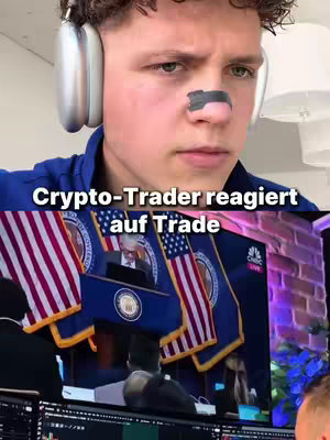 A young man with headphones and a bandage on his nose is looking at a screen, overlaid with text. Below him, a TV screen shows a scene with American flags and a person speaking. The colors are a mix of the man's blue clothing, the neutral tones of the room, and the red, white, and blue of the flags.