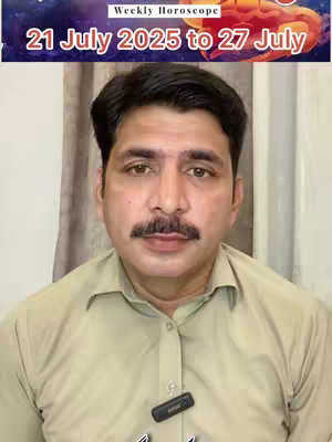 A man with a mustache is centered in the frame as the main focus. Above him is text that specifies the date range for a weekly horoscope. The background appears to be inside a home. The man looks directly at the camera.