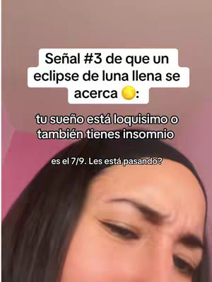 The cover image features a selfie of a person with a furrowed brow. The background is light pink. Text overlays, in a white box, states that the person experiences crazy dreams or insomnia during a full moon eclipse, and asks if others are experiencing this. The person is looking towards the bottom right corner.