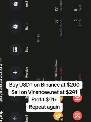 Screenshot of a cryptocurrency trading app interface, featuring various icons, trading pair statistics, and a text overlay providing instructions on a crypto arbitrage strategy. The background appears dark with a light-colored text overlay.