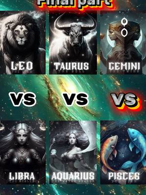 The image is a collage combining illustrations and text on a cosmic background. It presents six panels each containing a stylized illustration representing a zodiac sign, accompanied by text labeling each sign. The overall color scheme is dark, with gradients of green and streaks of gold simulating a starry night sky. At the top, the words “Final part” are highlighted. The center of the image features the words “VS” in a large white font repeated three times. The zodiac signs included are Leo, Taurus, Gemini, Libra, Aquarius, and Pisces. The style of the illustrations varies, with some appearing more realistic than others. The layout is structured to contrast zodiac signs, likely for a comparative analysis.