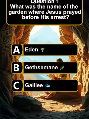 The image presents an illustrated quiz question designed to test knowledge on religious subjects, featuring a medieval/cartoon style. The background showcases an opening in a cave-like structure with a bright sky in the distance, creating a stark contrast between light and shadow. The central focus is on the quiz itself, framed by the surrounding rocky environment. There are three answer options (A, B, C) provided in black rectangles, each accompanied by a potential answer and icon, with bold white text. The scene evokes a sense of discovery and intellectual challenge within a visually engaging design.  An illustration of a person reading a book is set in the ground.