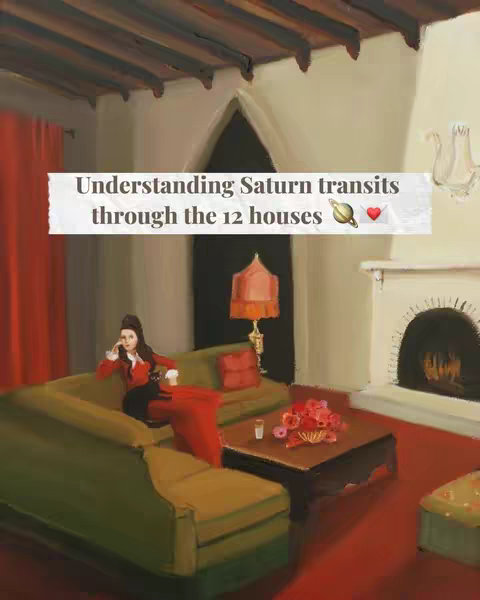 An illustrated image shows a woman in a red and black outfit sitting on a green couch in a room with a vintage, artistic design. Above her, a text overlay reads, "Understanding Saturn transits through the 12 houses," which features a planet and heart emoji and a decorative font. The room has red curtains, a fireplace, a lamp, a red rug, wooden beams on the ceiling and a coffee table. The overall color palette is muted, with reds, greens, and browns.