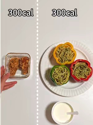 The image is divided into two parts by a vertical dotted white line. On the left is a glass container with fried food. On the right, a white plate holds pasta-filled bell peppers of yellow, green, and red. Below, a white bowl with a spoon.