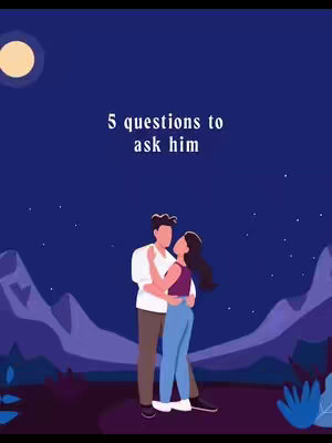 An illustrated graphic shows a couple embracing in front of a starry night with mountains and a moon in the background. Text overlaid says "5 questions to ask him". The scene evokes romance and intimacy.