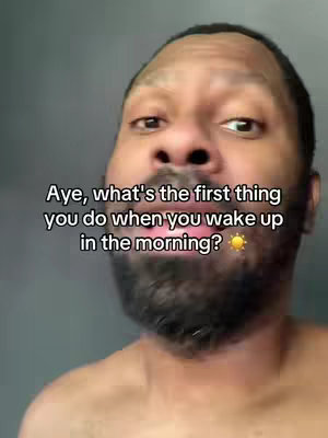 The cover image shows a close-up shot of a man with a dark beard and a questioning look. The text overlay asks what the first thing is you do when you wake up in the morning.
