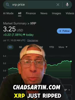 The cover image shows a screenshot of a Google search result for 'xrp price' on a dark background. The top portion features the search query, navigation options, and a market summary for XRP, displaying the price at 3.25 USD with a positive change of +0.22 (7.08%) today. Below this is a video frame with a man wearing glasses and a baseball cap. Overlayed at the bottom is a white banner displaying 'CHADSARTIN.COM' and 'XRP JUST RIPPED' in a bold, sans-serif font.