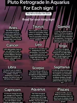 A purple-toned graphic with text in a clean, white font. The headline "Pluto Retrograde In Aquarius For Each Sign!" is prominent at the top, and a subheading indicates the period May 4th to October 13th 2025. Below the headline, the graphic is divided into sections, each outlining astrological predictions for each zodiac sign. The layout is neat, with organized text, suggesting easy readability for viewers.