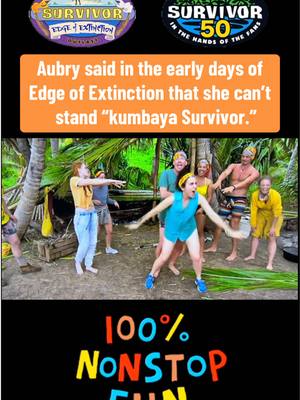 The image shows a group of people on a beach, with a focus on a woman in the center with outstretched arms, dancing. Text overlays include "Survivor" logos and quotes from a cast member. A bold, colorful bottom section reads "100% NONSTOP FUN."