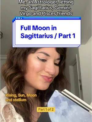 The cover image shows a woman with curly brown hair, smiling while holding a book. An overlayed text box in a style resembling a computer window frame contains text about the Full Moon in Sagittarius. There are other overlaid text elements towards the bottom and top of the image. The overall composition includes the woman as the focus.