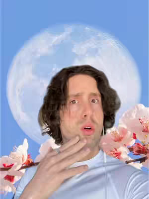 A man with brown hair looking upwards with eyes closed, a flower in the lower right corner, and a large moon in the background.