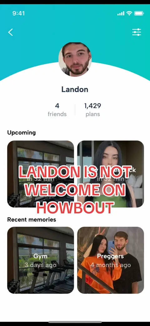 The cover image is a screenshot of a mobile device's screen, displaying a user profile within an app. A round profile picture of a man with a beard is at the top. The user's name, 'Landon', is displayed below the profile picture, followed by profile stats. The main part of the image shows two video previews: the first advertises a video titled 'LANDON IS NOT WELCOME ON HOWBOUT', with overlaid red text. The second video shows a photo of the creator with a woman.