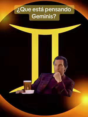 The image has a dark background with a golden zodiac symbol for Gemini. Overlaid on the background is a drawing of a man. The man is sitting at a table with a drink, and he seems to be deep in thought.