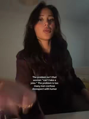 A young woman with long dark hair looks directly into the camera, her face slightly angled. Text overlayed on the image provides context.