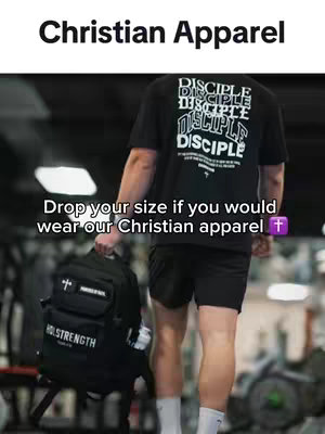 The image shows a man in workout attire facing away from the camera, with a backpack over his shoulder and a gym setting blurred out in the background. The text overlays a call to action about his christian apparel with a cross icon and a brand name