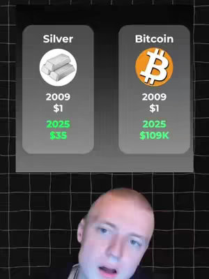 The image compares Silver and Bitcoin's value from 2009 to 2025, displayed in a split-screen format against a grid background, with the creator's face visible at the bottom of the image, looking at the user.