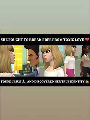 The cover image is a vertical orientation, featuring an animation style set of images. It includes a text overlay in a highlighted, black bar beneath the image that reads, "SHE FOUGHT TO BREAK FREE FROM TOXIC LOVE". Below it is a vertical line of animated characters illustrating parts of a story. The main graphic is a series of animated characters, including two blonde-haired women, a man, and a black woman. The woman are in two different situations, while the man in the center appears to be an animated officer talking to the subject of the story. The top half of the background has a gradient from light gray to a lighter tint. The text at the bottom says "FOUND JESUS, AND DISCOVERED HER TRUE IDENTITY," and is accented by animated symbols such as a heart and a crown.