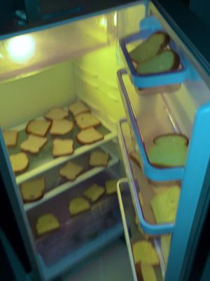 An interior shot of a refrigerator filled with slices of bread on multiple shelves and in door compartments. The lighting is a soft, yellow-green glow, suggesting the inside of the fridge.