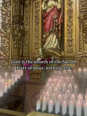 The image features a church interior with a golden and ornate altar and a statue of Jesus on the right side of the frame. The foreground is filled with rows of lit candles, and the background shows a series of columns. Text overlay indicates the video is about the celebration of the Sacred Heart of Jesus.