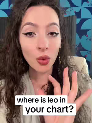 The cover image features a woman with long brown curly hair, visible makeup, and holding her right hand towards her face with her fingers extended. The woman appears to be speaking. Overlayed on the image is a white rectangle with black text that says: "where is leo in your chart?"