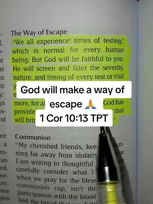 The image shows the open pages of a book. Highlighted in neon yellow are parts of the text from the bible verses and the text in the image overlays. A ballpoint pen is in the frame, next to the quoted text in the image.