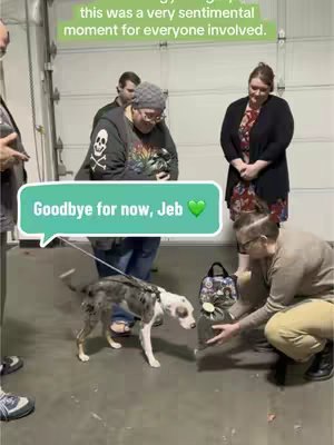 The image shows a group of people gathered indoors, likely in a garage or storage area. A dog on a leash stands next to a person crouching, who is holding a container. Other individuals are visible in the background, adding layers to the scene. A speech bubble overlay states, "Goodbye for now, Jeb", along with a green heart symbol. Above this a green text overlay reads "this was a very sentimental moment for everyone involved."