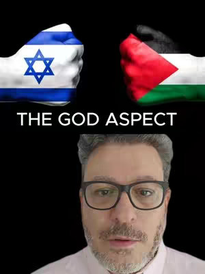 The image features a man in glasses centered against a black backdrop. Above him, two fists clench, displaying the flags of Israel and Palestine, separated by the superimposed text: 'THE GOD ASPECT'.