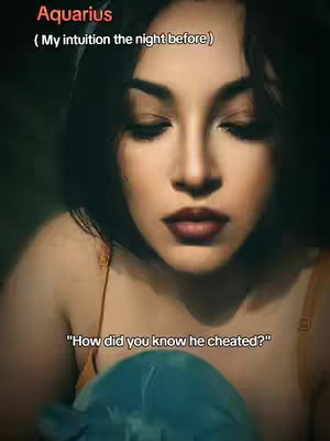 A close-up shot of a woman with dark hair and closed eyes. The background is dark, bringing focus on her face. Text overlays, in red and white, indicate the zodiac sign and a related message at the bottom.