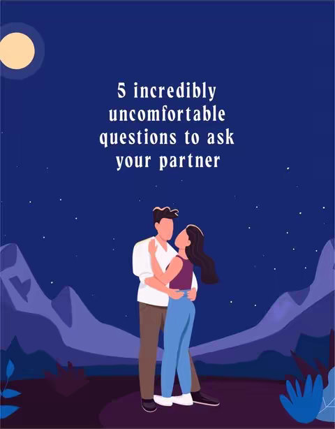 A graphic illustration with a night sky background, featuring a full moon at the upper left, a text overlay in the center, and an embracing couple in the lower portion. The background is a deep blue gradient, with scattered white dots representing stars. Purple-hued mountain silhouettes are visible. The text overlay reads, "5 incredibly uncomfortable questions to ask your partner". The couple, depicted in a minimalist style, is embracing. The man is wearing a white shirt and brown pants, and the woman has a purple top and blue jeans.