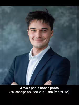 A young man with dark hair and a white shirt under a navy suit jacket poses in front of a textured, mottled gray background. He smiles at the camera with his arms casually crossed. The text overlayed at the bottom of the frame says, "J'avais pas la bonne photo J'ai changé pour celle là + pro (merci I'IA)".