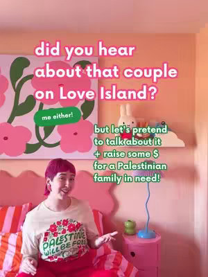 A person with red hair is centered, sitting on a bed with a pink headboard. Text overlays in bright pink fonts dominate the image, posing questions and making statements.  The person wears a t-shirt with a political message. The background includes a colorful artsy painting and decorative elements, with a general bright pastel palette.