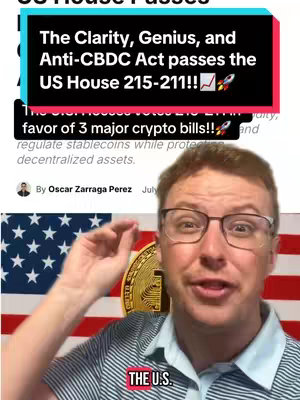 A man with glasses speaking animatedly in front of a blurred US flag, with a bitcoin graphic overlay. Text overlays highlight the Clarity, Genius, and Anti-CBDC Acts.