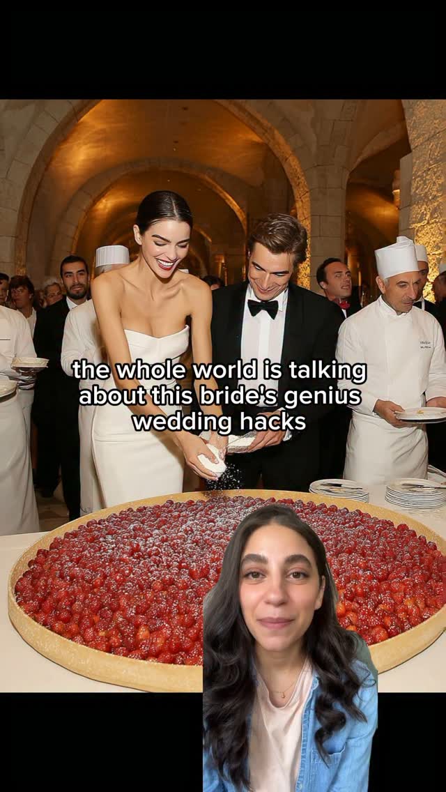 The cover image is split into two sections. The left side features a wedding scene with a bride and groom standing behind a large strawberry tart, surrounded by guests and chefs. The bride is wearing a white strapless dress, and the groom is in a black tuxedo. Overlay text reads "the whole world is talking about this bride's genius wedding hacks". The right side shows a woman with long dark hair, wearing a denim jacket and a light pink shirt, looking directly at the camera.