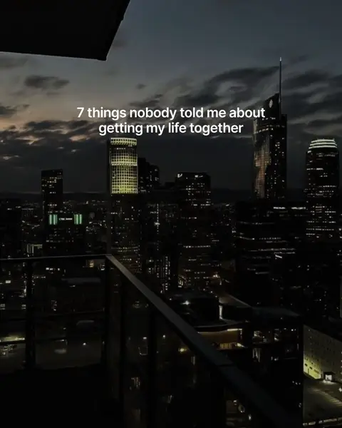 A night cityscape with lit skyscrapers dominates the background. The foreground includes a dark, silhouetted balcony railing. Overlayed text provides the video hook, set across the top.
