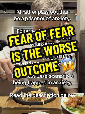 A selfie-style shot featuring a person in a casual setting, likely a restaurant, with text overlays that emphasizes the theme of overcoming fear. The person is seen from the chest up, slightly off-center. The primary colors are a soft, warm palette derived from the surroundings and the person's clothing, along with vibrant text overlays that grab attention.