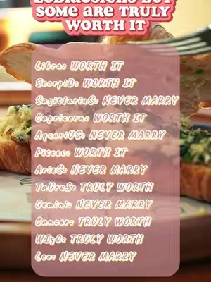 The cover image displays a visually appealing composition centered around food items. Various partially visible food elements, including a slice of what appears to be bread, are arranged in the background. Overlaying the food, a clear rectangular pink-tinted area is superimposed, featuring a list of zodiac signs and their corresponding relationship statuses.