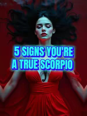 The cover image features a woman with dark hair and a red dress floating or positioned in a red background. The text overlay reads '5 SIGNS YOU'RE A TRUE SCORPIO' in a blue and white font.