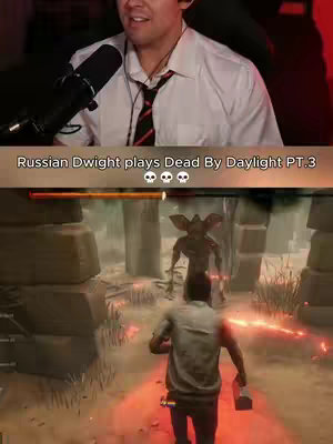 The cover image is a split screen. The top half features a man in a white shirt, tie, and headset, appearing to be speaking into a microphone, suggesting a live commentary or reaction. The bottom half shows a screen capture, depicting the game Dead by Daylight, with a character running away from a Demogorgon in a forest-like environment. Text is overlayed at the middle of the image.