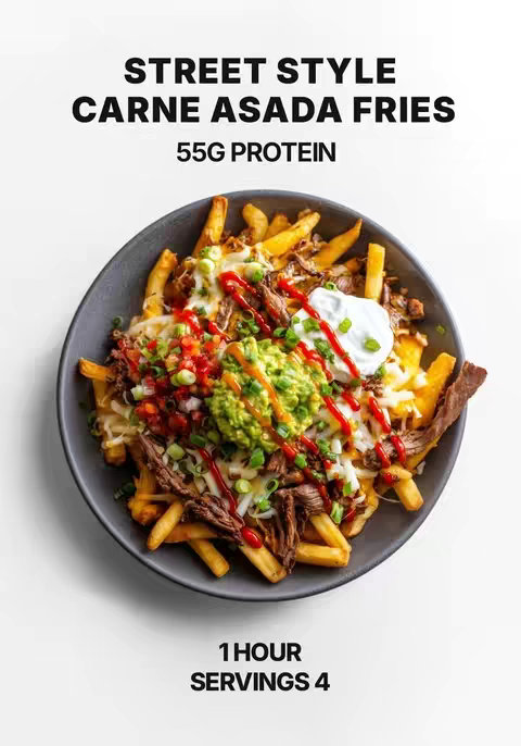 A top-down view of a plate of carne asada fries, a Mexican-inspired dish. The fries are golden-brown and topped with shredded cheese, chunks of meat, guacamole, pico de gallo, and drizzles of red sauce and toppings. White background with text overlays.