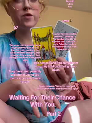 A woman with blonde hair and glasses holds two tarot cards. Text overlays describe the cards' meanings and the overall message relates to a person waiting for their chance at a relationship.