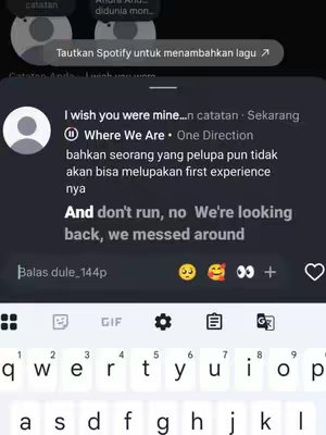 The cover image shows a screen recording of a music app playing the song 'Where We Are' by One Direction. The app interface displays lyrics and other information, overlaid on a black background. A text-input field with a keyboard at the bottom suggests someone is writing a message.