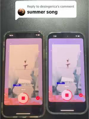 Two phones with app interfaces displayed. Each screen has a ballerina silhouette balancing on a tightrope against a background of a canyon scene. The app interface includes play/pause icons.