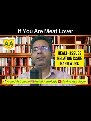 A man in glasses and a light pink shirt is centered in front of a full bookcase. The top reads "If You Are Meat Lover" in a black font, with a yellow box showing "HEALTH ISSUES, RELATION ISSUE, HARD WORK" on the right. The bottom has social media tags.